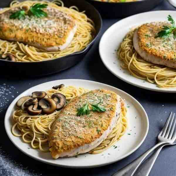 Куриные эскалопы в сливочногрибном соусе и спагетти
